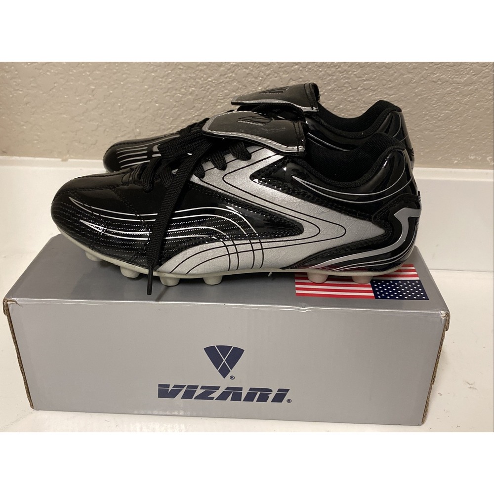 VIZARI STRIKER FIRM GROUND FG SOCCER CLEATS Black Silver Youth Size 4 4J NEW NIB